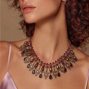 Burgundy Statement Necklace Antique Gold Crystal Teardrop Beaded 9” Collar